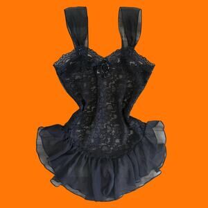 90's vintage black floral lace sheer lingerie slip dress SMALL